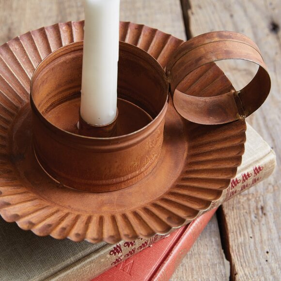 Rustic tin Chamberstick Candle Holder with Glass Hurricane - Picture 2 of 3